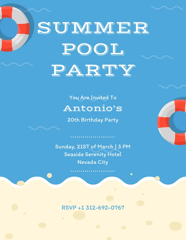Simple Blue Beach Summer Pool Party Invitation Template