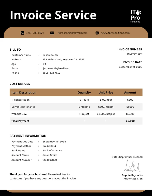 Black and Brown Simple Service Invoice Template
