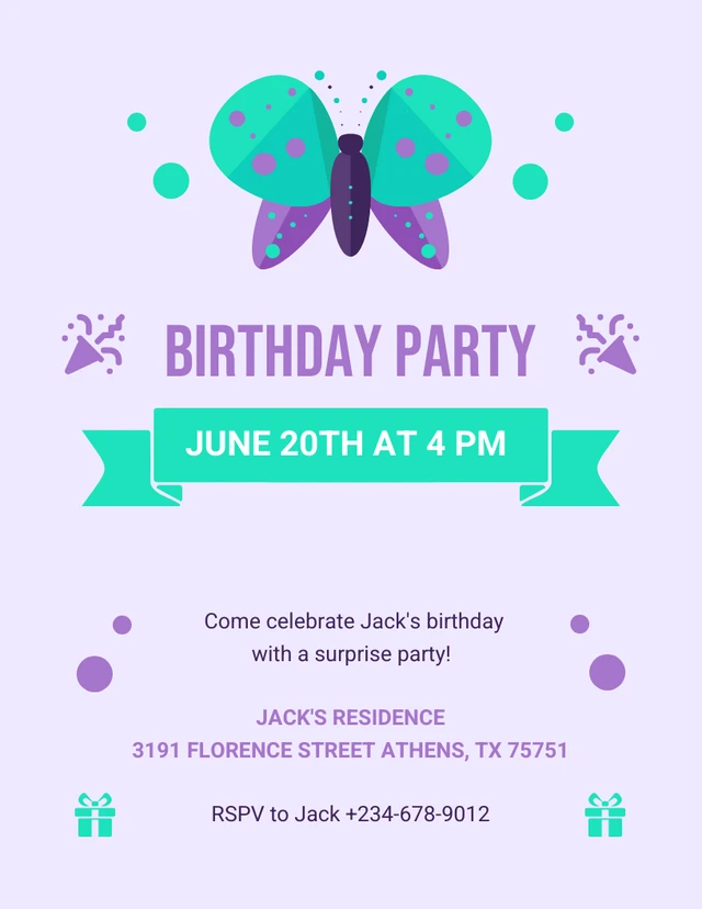 Modèle d'invitation de fête d'anniversaire papillon illustration mignonne violet clair