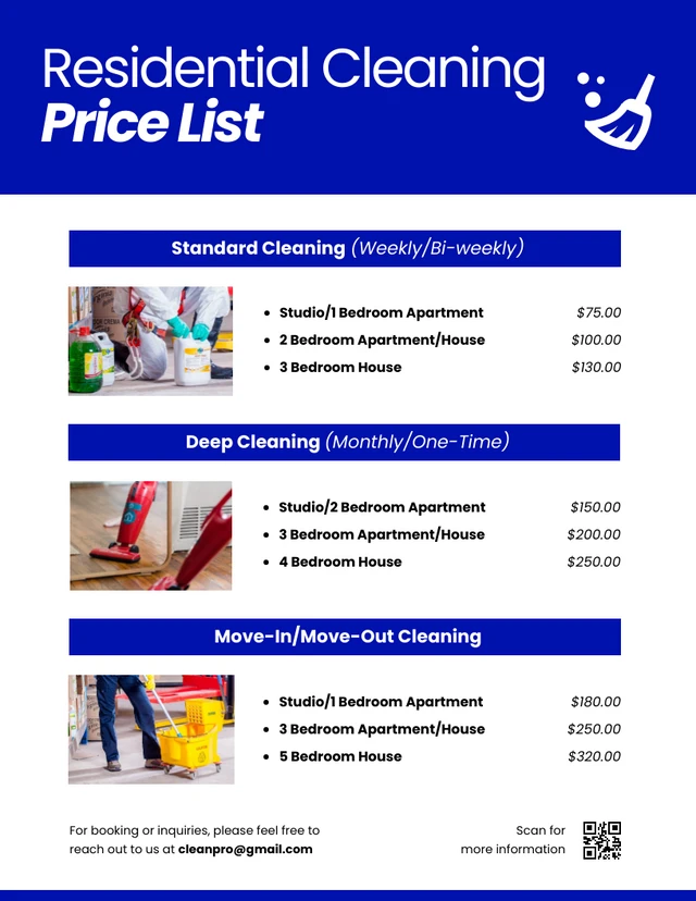 Modèle de listes de prix de nettoyage bleu royal simple et propre