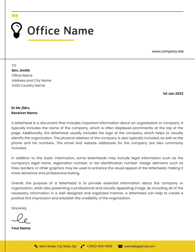 White And Yellow Simple Professional Office Letterhead Template