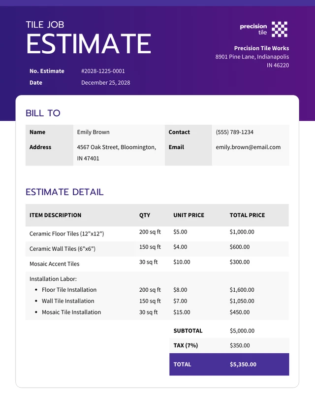 Tile Job Estimate Template - Seite 1