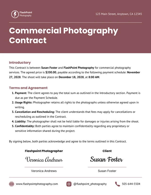 Plantilla de contrato de fotografía comercial