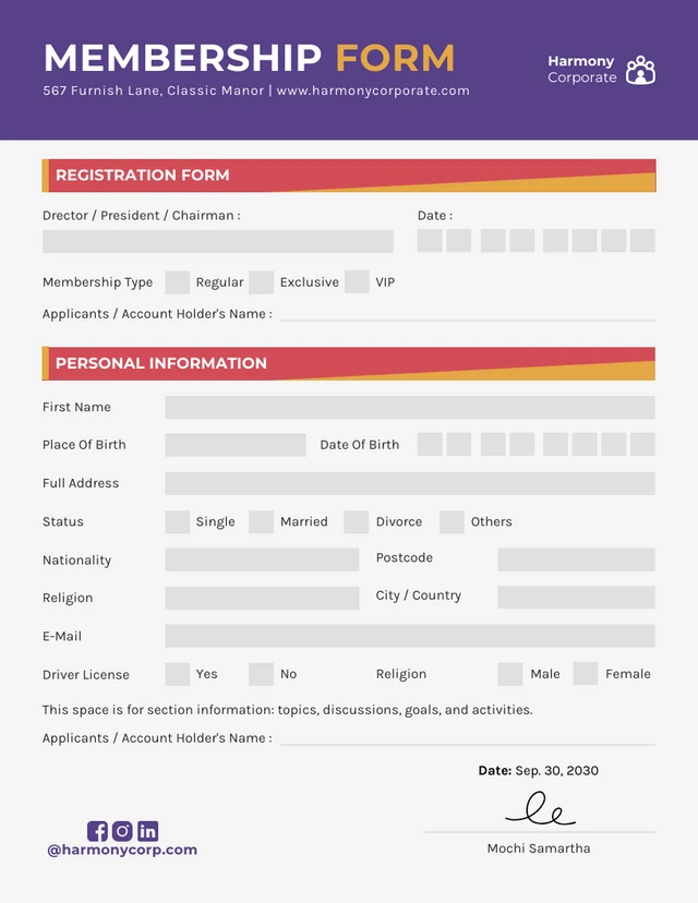 Purple and Red Minimalist Membership Form Template