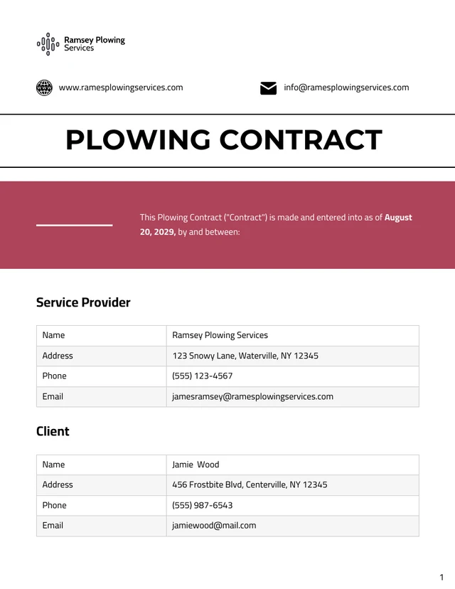 Plowing Contract Template - Page 1