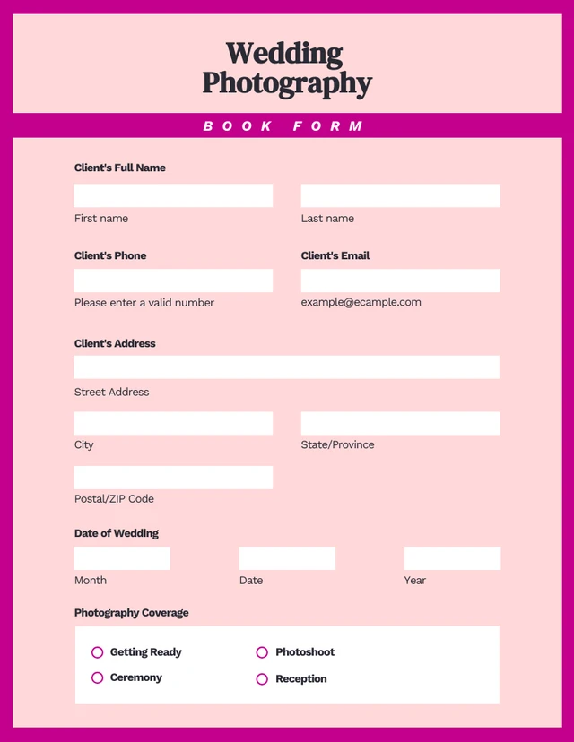 Simple Purple Wedding Photography Booking Form Template