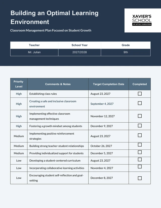 Grey And Blue Simple Management Classroom Plan Template