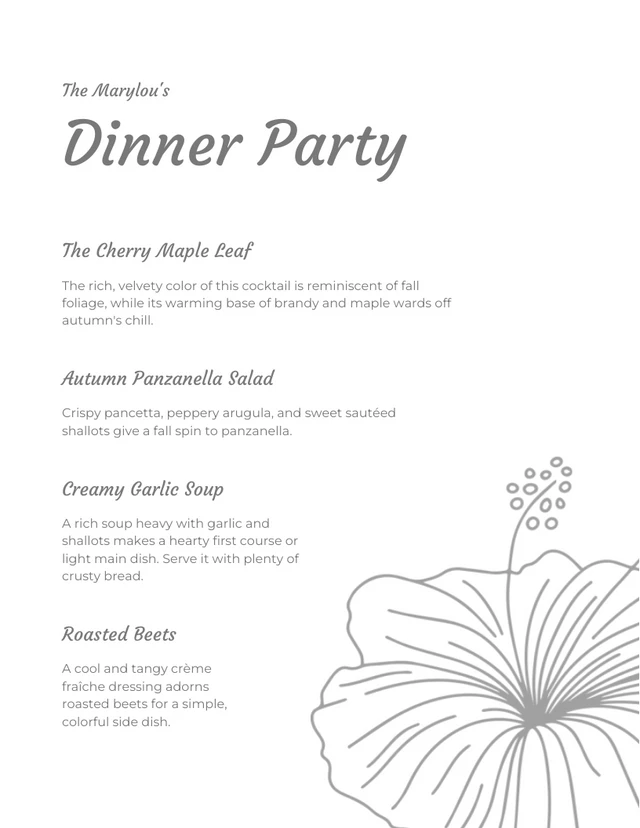 White Minimalist Floral Dinner Party Menu Template