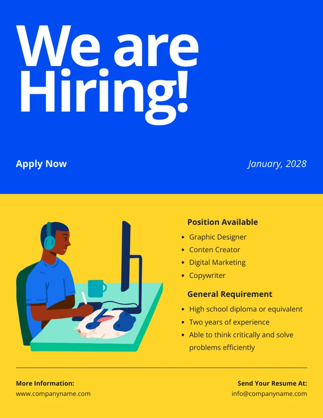 Blue Yellow Simple Contrast Recruitment Poster Template