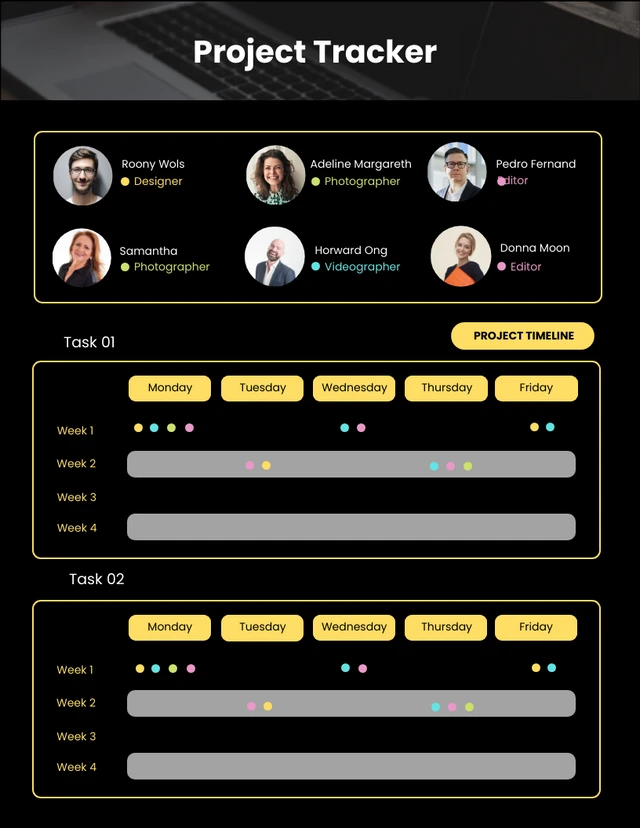 Modello di tracciatore di progetti semplice e moderno, nero e giallo