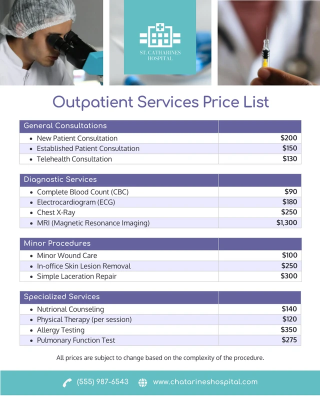 Modèle de liste de prix des services ambulatoires