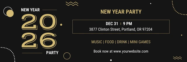 Black White Gold New Year Party Banner Template