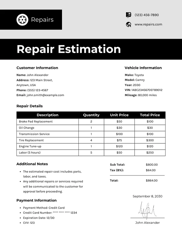 Minimalistische Vorlage für einen Kostenvoranschlag für die Reparatur in Weiß und Schwarz