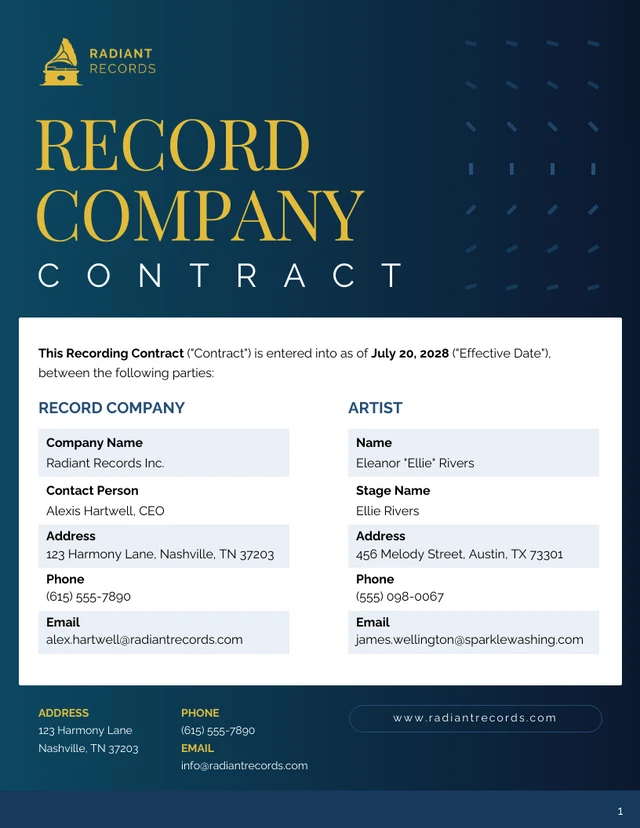 Record Company Contract Template - page 1