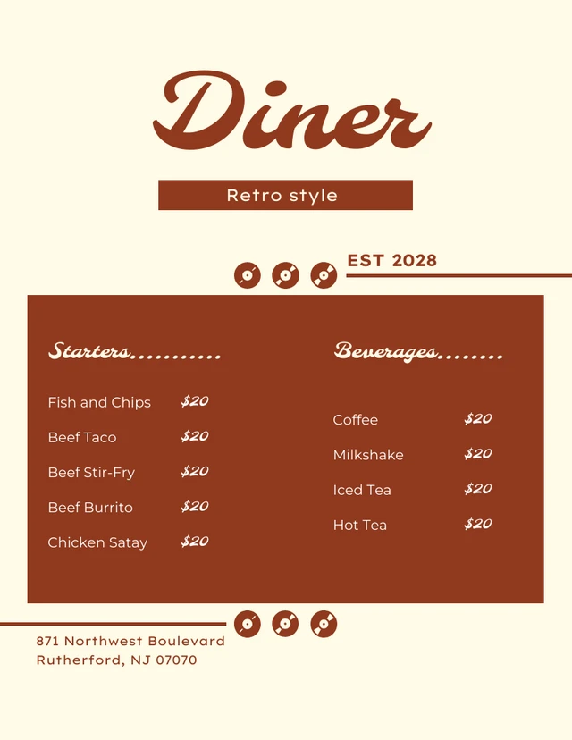 Modèle de menus de style rétro Diner
