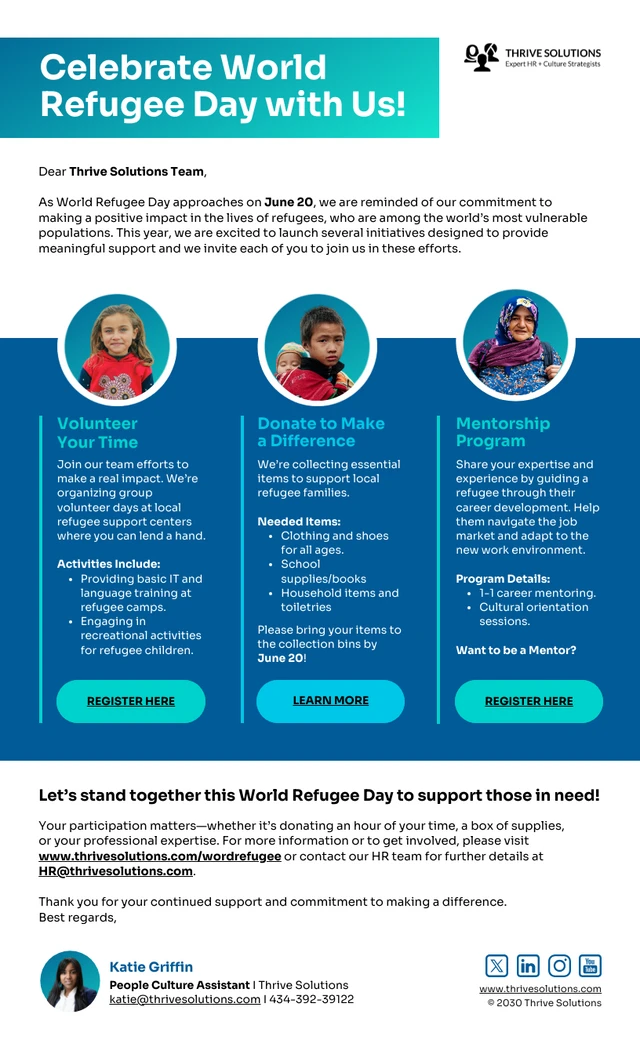 Iniciativas de la empresa para apoyar a los refugiados Plantilla de boletín informativo por correo electrónico de organización benéfica