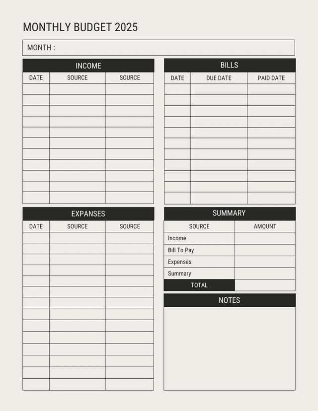 Black and White Monthly Budget Grid Template