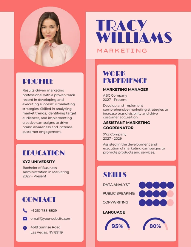 Plantilla de currículum infográfico de marketing rosa y azul