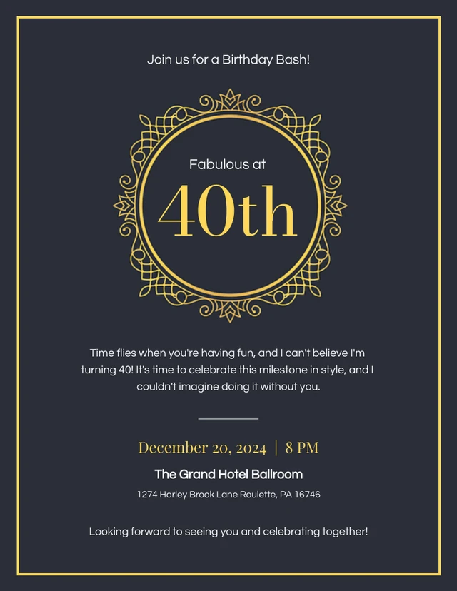 Black And Yellow Gold 40Th Birthday Invitation Template
