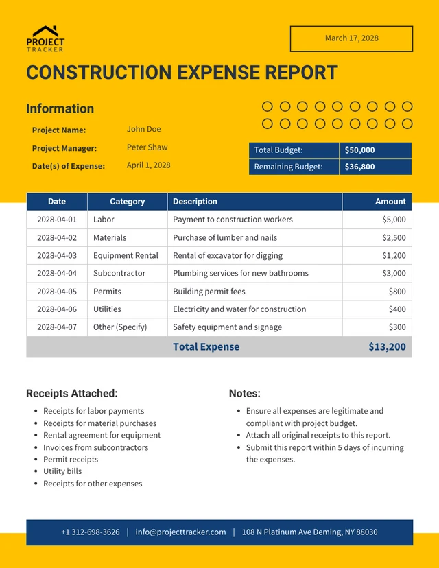 Plantilla de informe de gastos de construcción