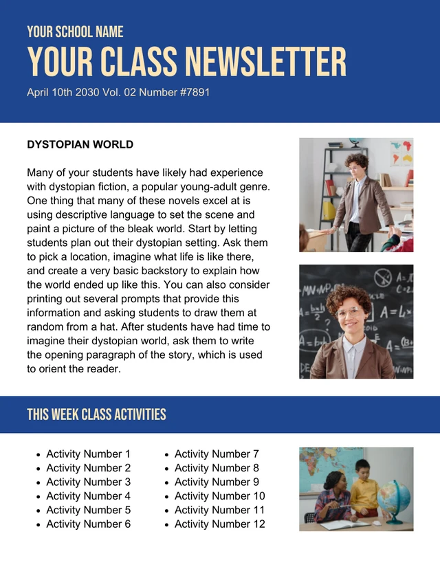 Bleu et jaune Pastel Minimalist School Class Newsletter