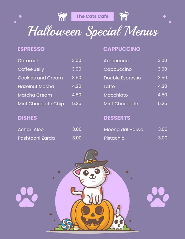 Modèle de menu Halloween illustration mignonne moderne pastel violet