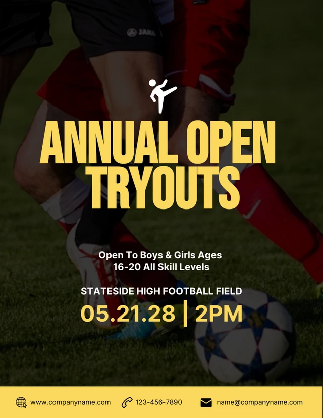 Black And Yellow Annual Open Soccer Tryouts Poster Template