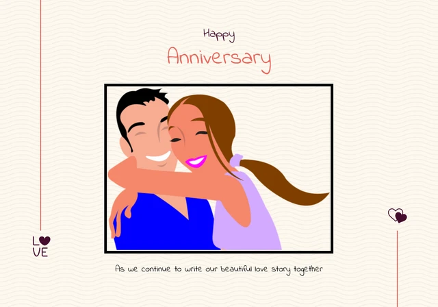 Illustrierte Liebeskartenvorlage „Happy Anniversary“ in Creme und Orange