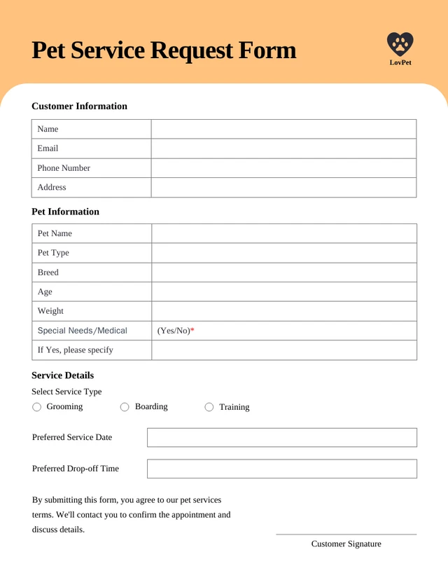Orange And White Simple Pet Form Template