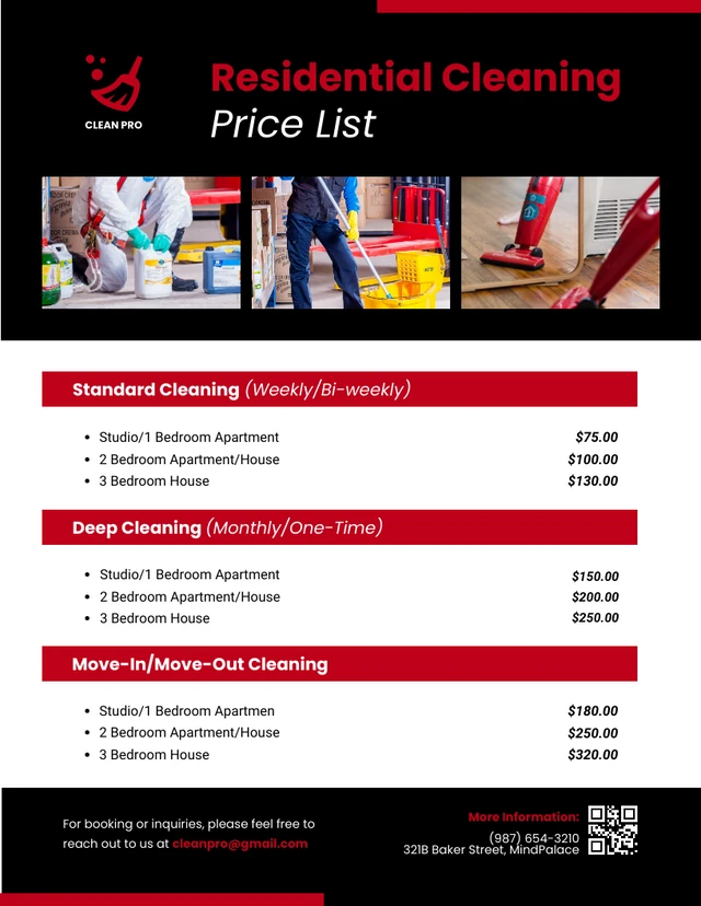 Modern Minimalist Black Red Cleaning Price Lists Template