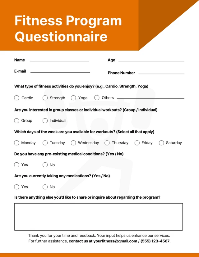 Clean White and Orange Fitness Program Questionnaire From Template