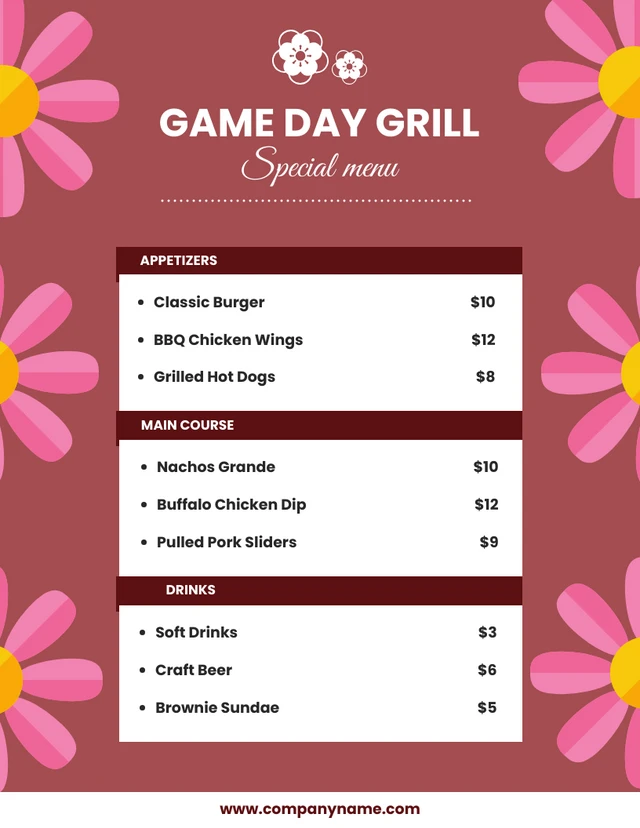 pink flower game day grill football menu Template