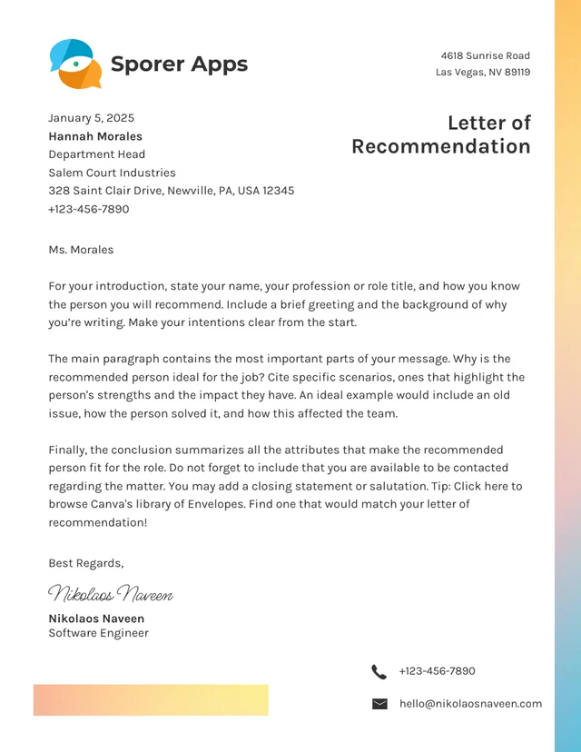 Yellow Gradient Modern Professional Recommendation Letters Template
