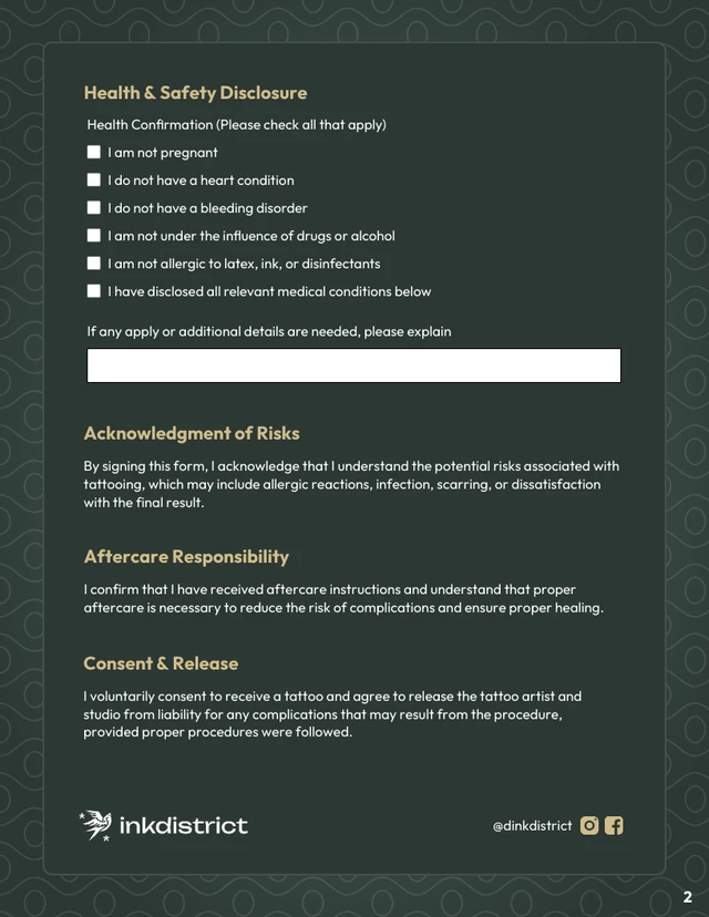 Tattoo Consent Form Template - Page 2