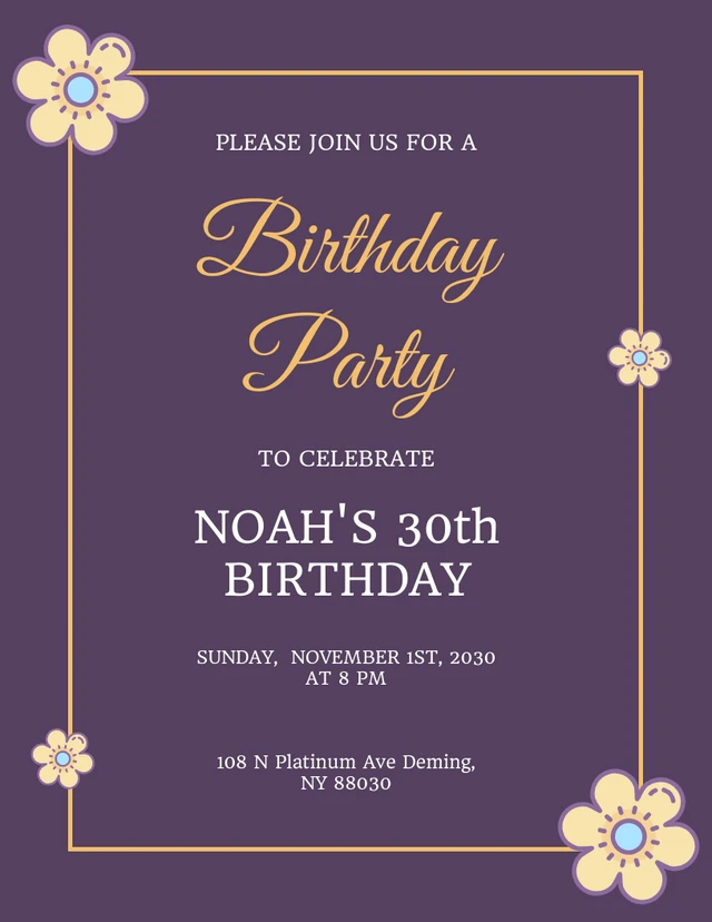 Plantilla púrpura de las invitaciones del 30.o cumpleaños