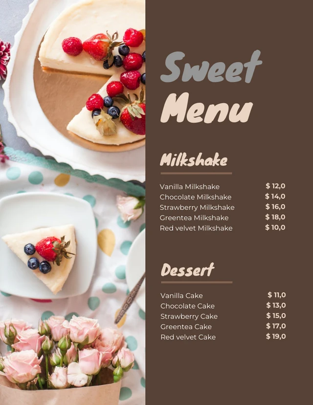 Modèle de menu de dessert sucré minimaliste marron foncé