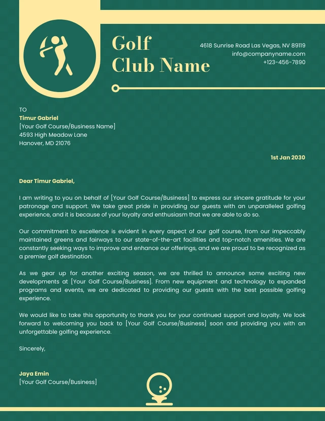 Green And Yellow Classic Business Golf Club Letterhead