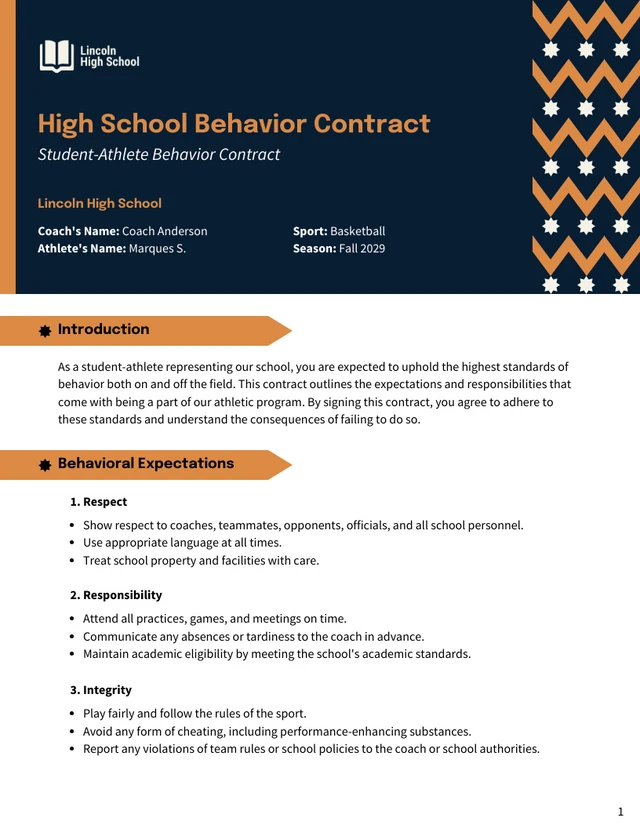 High School Behavior Contract Template - Page 1