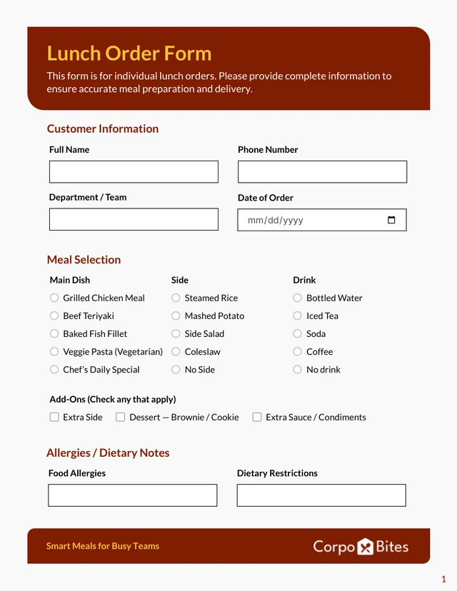 Lunch Order Form Template - Seite 1