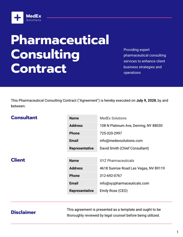 Pharmaceutical Consulting Contract Template - page 1