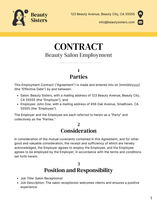 Beauty Salon Employment Contract Template - صفحة 1