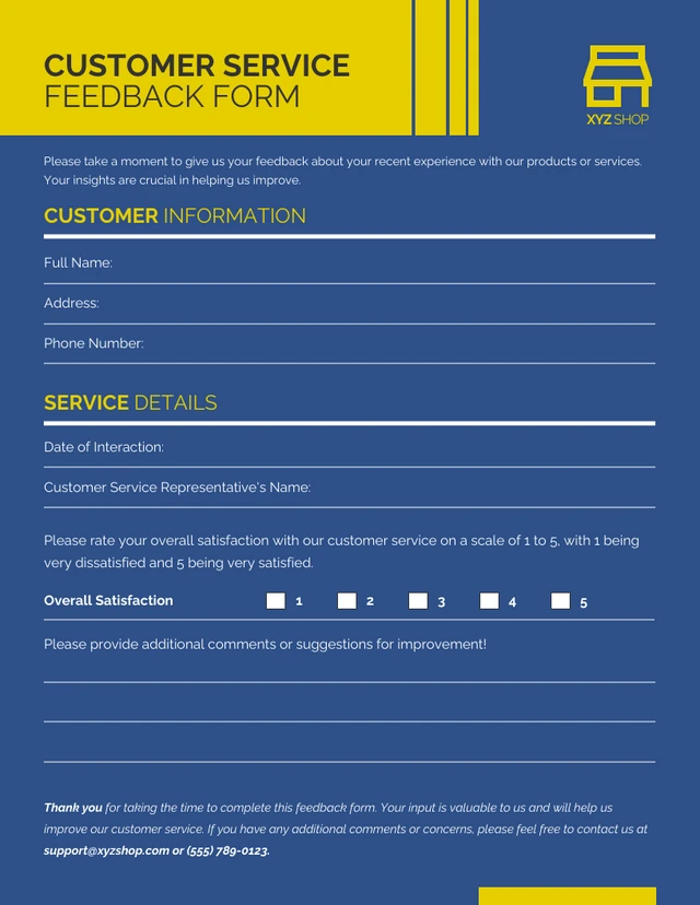 Modèle de formulaire de commentaires sur le service client bleu foncé et jaune