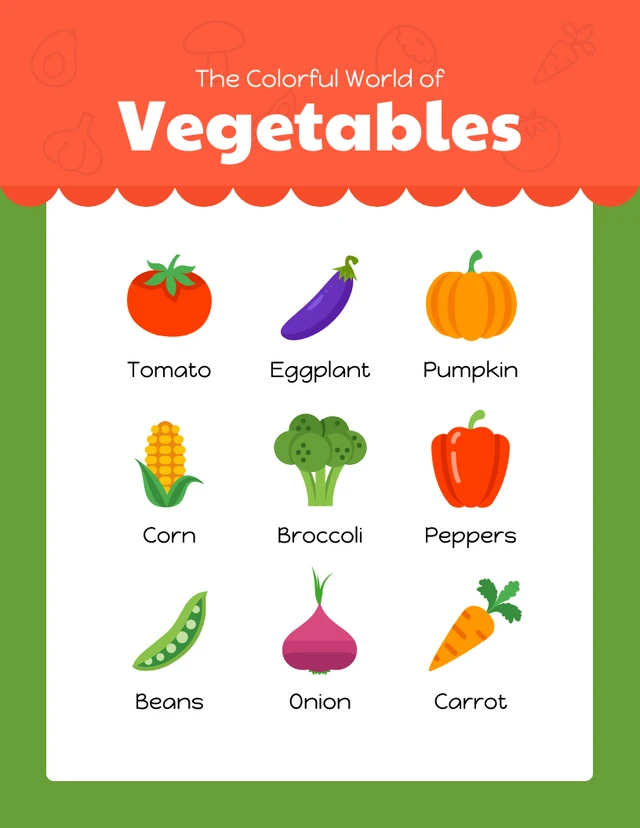 Plantilla de cartel con nombres de verduras verdes y rojas