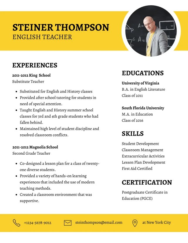 Weiß und Gelb Professionell Elegant Englischlehrer Lebenslauf Vorlage