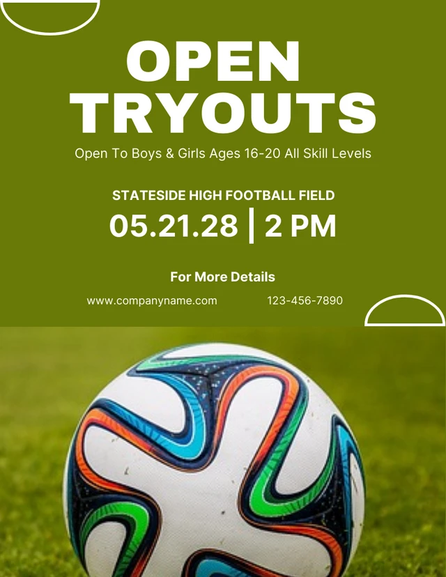 Green Simple Photo Open Tryouts Soccer Poster Template