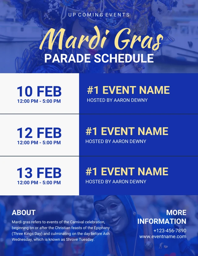 Blue Modern Elegant Mardi Gras Parade Schedule Template