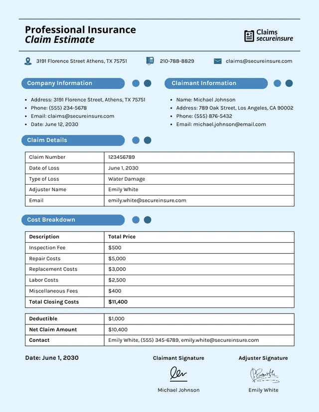 Professional Insurance Claim Estimate Template