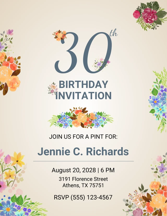 Plantilla de invitaciones de cumpleaños número 30 de flor color crema