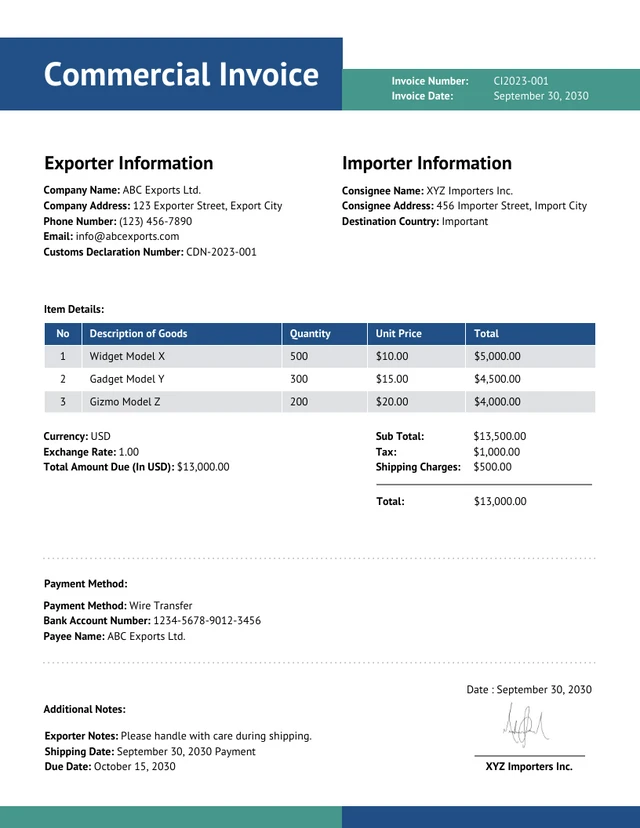 Clean Minimalist Blue and Green Commercial Invoice Template