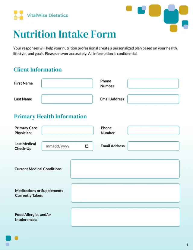 Nutrition Intake Form Template - Seite 1